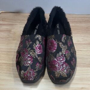TOMS Black Slip-On Flats with Pink and Gold Floral Embroidery